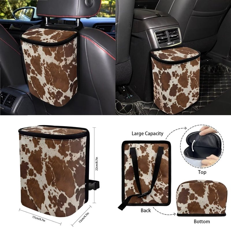 Wanyint Brown Beige Cow Print 15 PCS Car Seat Cover Full Set With Steering Wheel Cover, Seat Belt Pad, Trash Bin, Rear View Mirror Cover, Cup Holders, Keychain, Air Vent Storage Bag, Car Decoration - Image 4